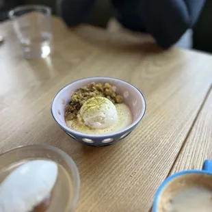 Lemon curd with gelato and candied pistachio