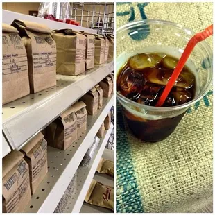 a cup of soda and boxes of coffee