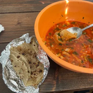 Menudo, flour tortillas