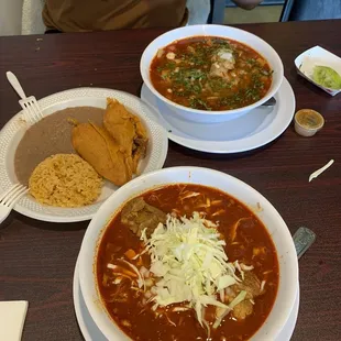 Menudo rojo (top), pork tamales, pozole rojo