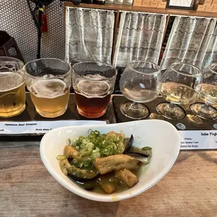 Beer and sake flight and eggplant appetizer