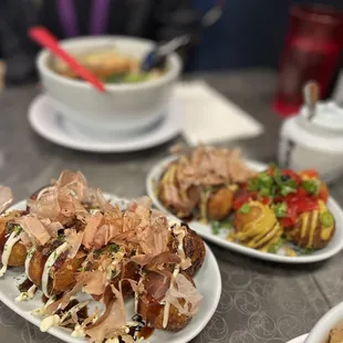 Original (right) and half &amp;half curry + Japanese mustard (left) Takoyaki