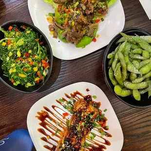 Edamame, seaweed salad, Bulgogi Wrap and Crispy Tuna