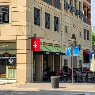 the entrance to a restaurant