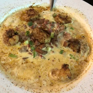 RUNNY shrimp &amp; grits with IMITATION bacon bits.