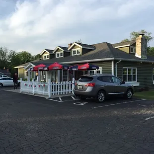 Outside. Patio seating.