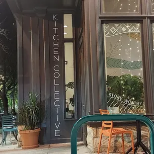 a table and chairs outside