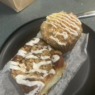 Apple pie cinnamon roll and blueberry muffin
