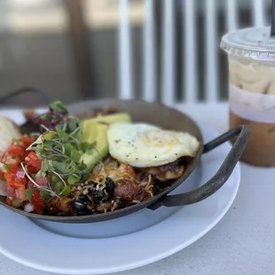 Huevos Rancheros and an iced lavender latte