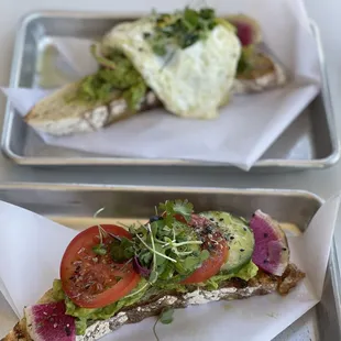 Top: Avocado toast with an egg Bottom: Avocado toast