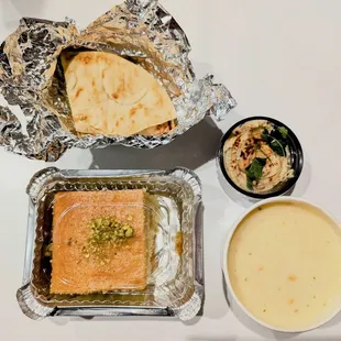 Hummus and their semolina cake has a nice flavor