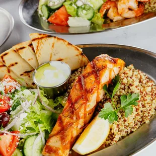 Fillet of Sustainable Norwegian Salmon. Includes Greek Salad, Pita and Tzatziki. Choice of Greek Rice, Aegean Quinoa or French Fries.