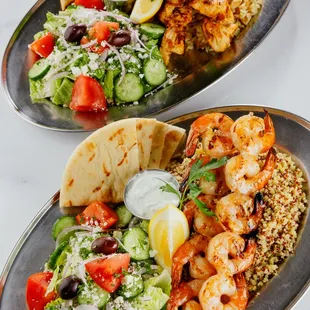 Shrimp Kalamakia. Includes Greek Salad, Pita and Tzatziki
Choice of Greek Rice, Aegean Quinoa or French Fries.