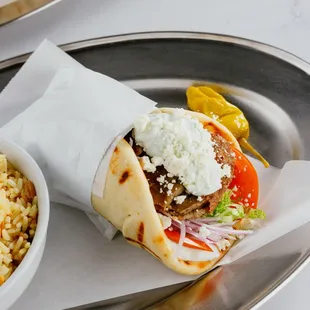 Gyro Meráki (Choice of Beef &amp; Lamb or Chicken, Tomato, Lettuce, Red Onion, Tzatziki, Feta)