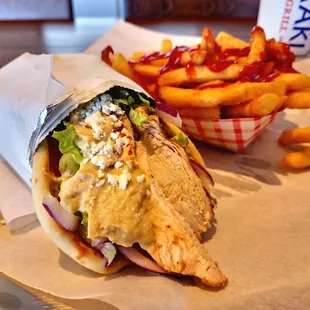 Gyro Meraki (Chicken) combo, sub hummus for Tazaki.