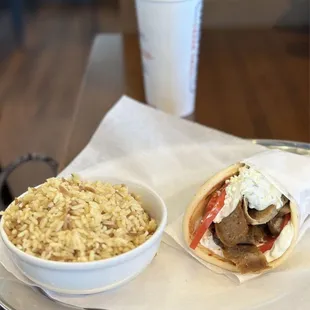 Gyro Merki with side of Greek rice