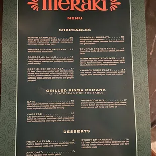 food/tapas menu