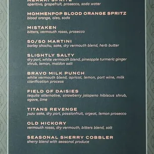 Cocktails and beer menu