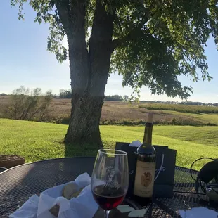 a glass of wine and cheese on a table