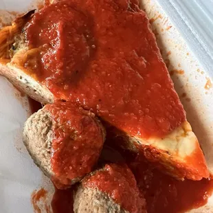 Spaghetti pie and meatballs.