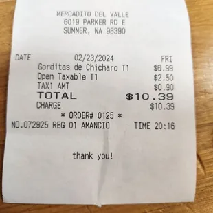 Receipt of our meal.