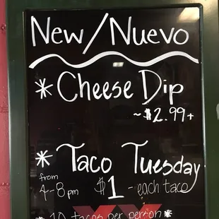 a menu for new nuevo cheese dip