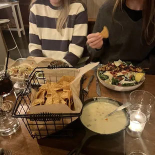 Chips and queso, chicken salad