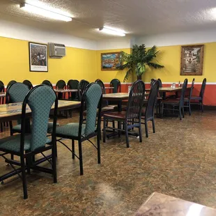 tables and chairs in a restaurant