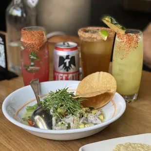 a plate of food and drinks