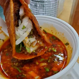 Birra taco dipped into the soup.  So tasty!!!