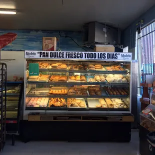 a display case of donuts