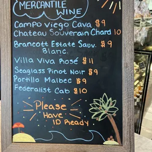 the menu for mercantile wine