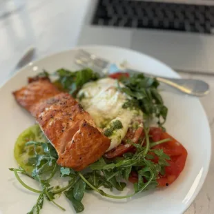 Heirloom Tomato Salad with Burrata and I added Salmon!