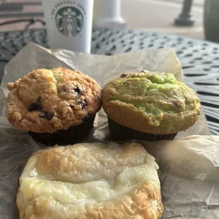 Blueberry and pistachio muffins with a side of cheese danish