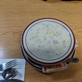 Corn chowder. I thought it was delicious. Thick and is like their clam chowder but minus the clams.