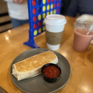 Breakfast burrito, smoothie, hot chocolate.