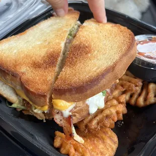 Buffalo chicken melt with waffle fries