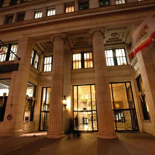 The Merchants Exchange Building at dusk.