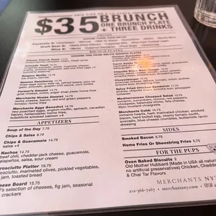 a menu for brunch and three drinks