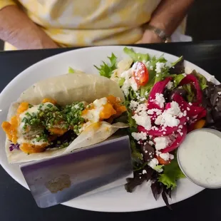 Cauliflower taco and salad.