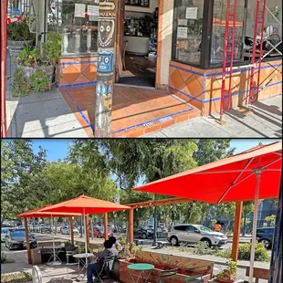 Mercury Cafe, is temporarily hidden behind scaffolding and has a nice parklet.
