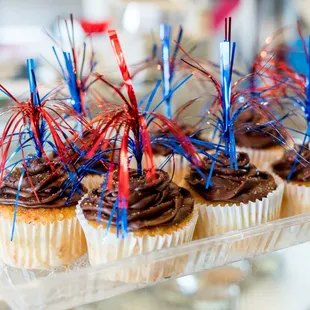 chocolate cupcakes with red, white and blue sprinkles