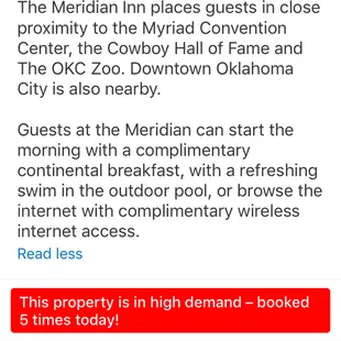 This was the description that was listed. Complimentary continental breakfast and free wifi. Neither of which were actually provided.
