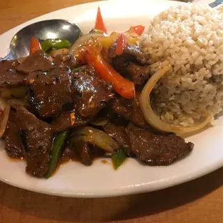 32. BBQ Seitan Over Rice Plate