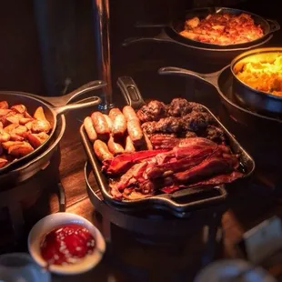 Breakfast Buffet - Potatoes, Sausage, Bacon, Eggs, Bread Pudding