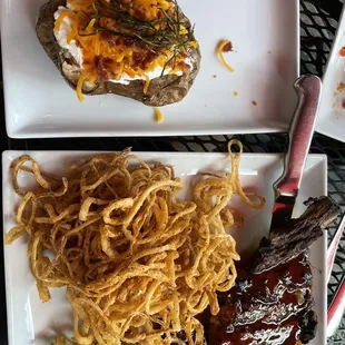 Ribeye with loaded potato and onion straws