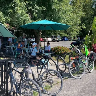 Outdoor seating and bike stands