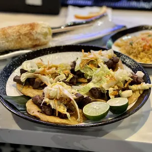 Carne Asada Tacos $12, double rice $5, best damn elote ever $5