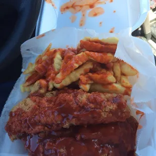 Catfish covered in hot sauce