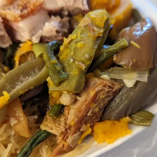 pinakbet close-up:  long bean, eggplant, lechon, kabocha pumpkin. 4.8.22